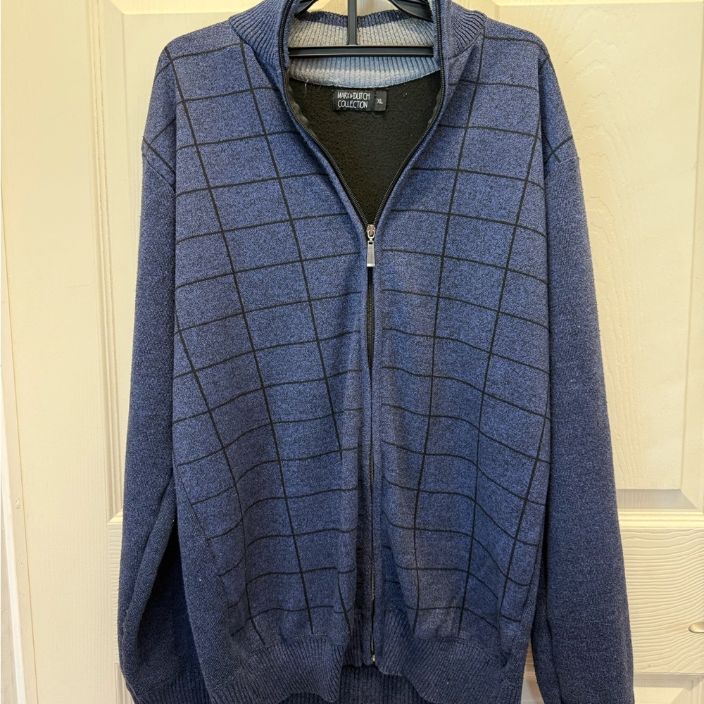 Men's Blue Zip-Up Sweater with Black Grid
